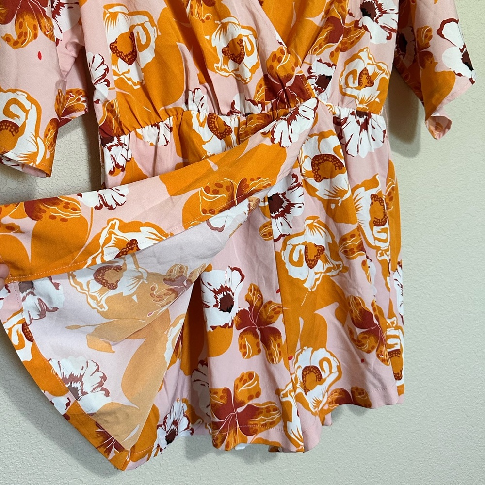 Hello Molly Pink and Orange Floral Romper Wrap Dress - Picture 6 of 11